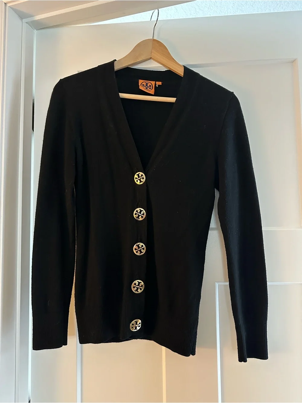 Tory Burch Black V‑Neck Cardigan with Gold Logo Buttons